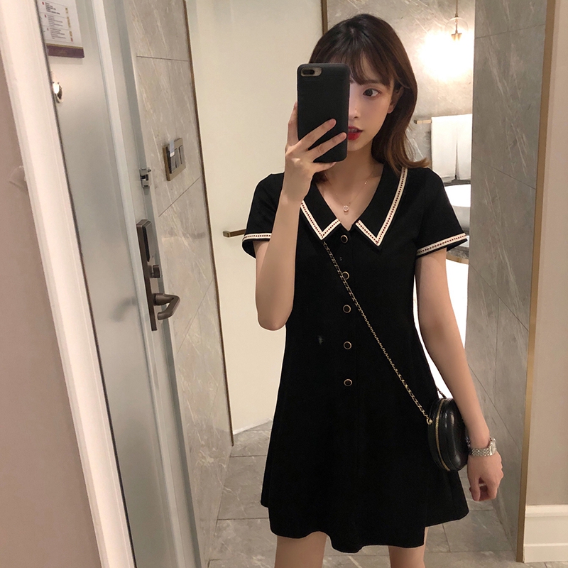Little black dress Hepburn style doll collar sweet dress 2024 new summer slimming waist for small people
