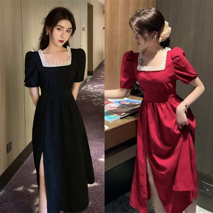 Plus size fat mm red square neck dress women summer 2024 new French retro waist slimming long skirt 200 pounds