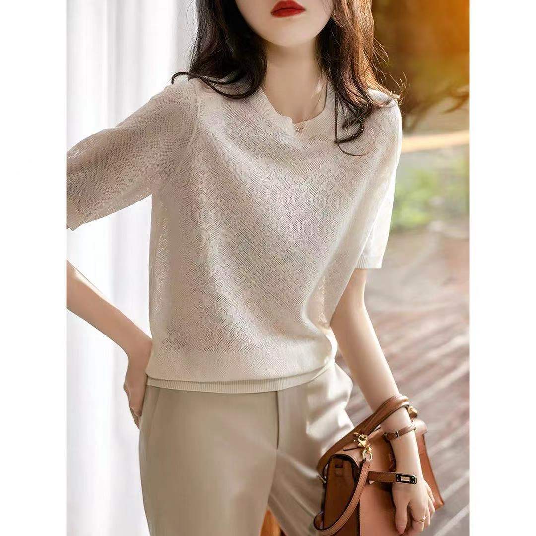 のxiaohange woven heavy jacquard round neck knitted short-sleeved t-shirt women's ins trendy short style