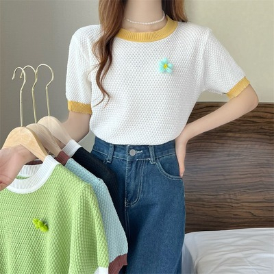 Contrast color three-dimensional design bottoming shirt summer 2024 new thin niche short-sleeved sweater women's top