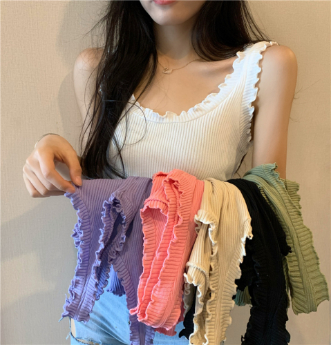 Real shot of summer Korean style outer wear student sleeveless top with fungus earrings versatile knitted camisole