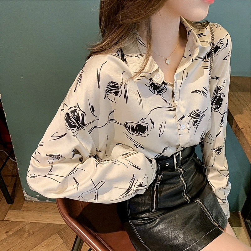 2024 Spring and Autumn New Korean Style Commuting Temperament Fashionable Wide Printed Loose Slim Chiffon Lapel Long Sleeve Shirt for Women