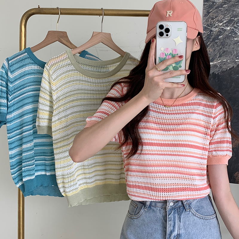 Ice silk striped short-sleeved T-shirt for women 2024 summer hot girl style niche design thin hollow out age-reducing top trendy