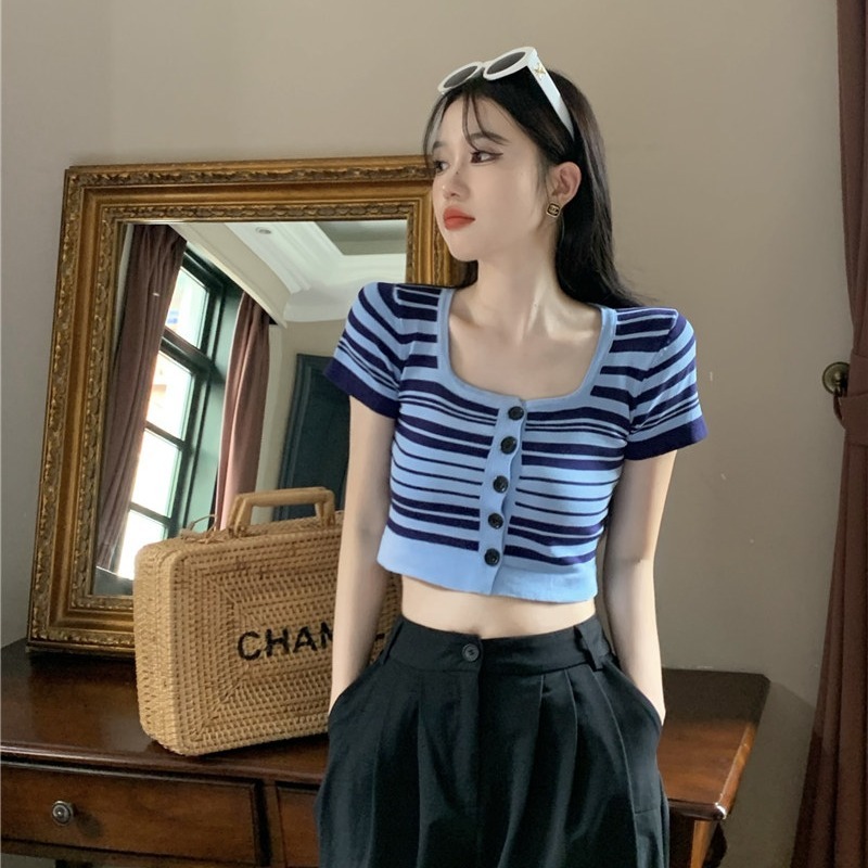 Fashion Women's Clothing ~ 2024 Summer Striped Contrast Color Short Sweet and Spicy Style Short Sleeve Cardigan Sweater