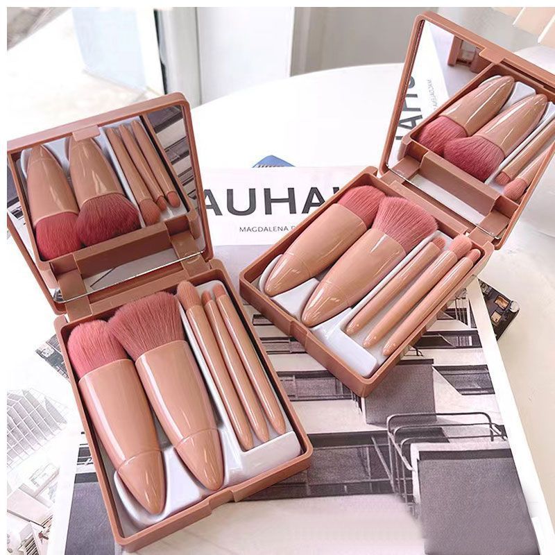 Complete set of 5 makeup brushes, portable mirror, eye shadow, loose powder, blush brush, makeup concealer brush, beauty makeup brush