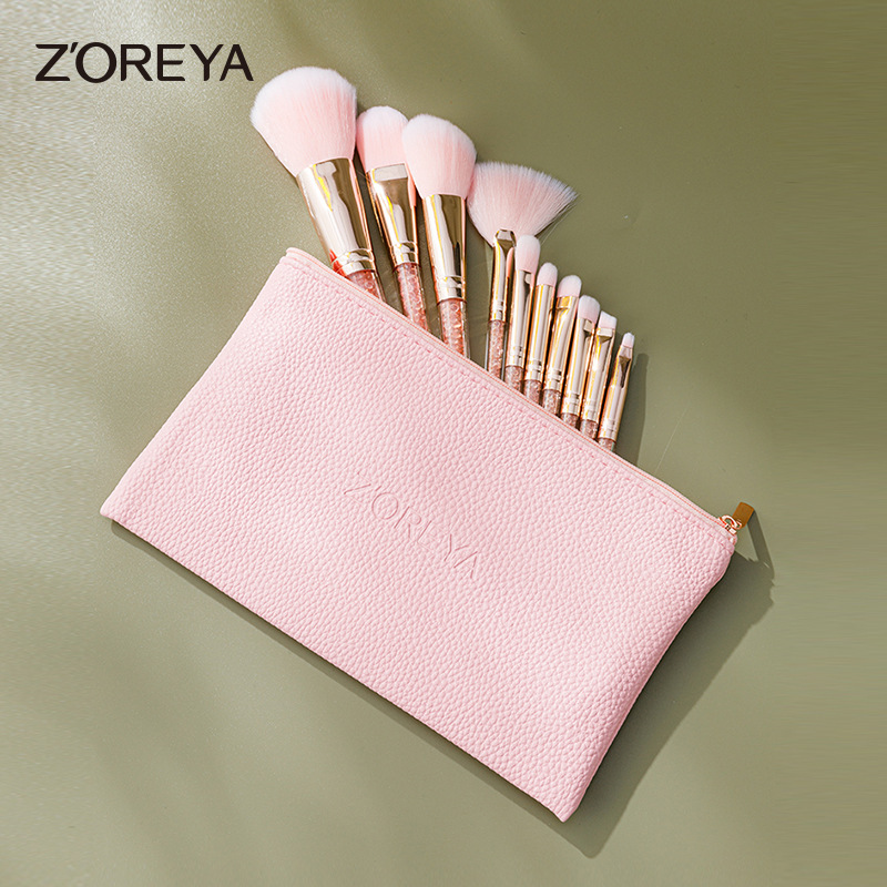 Zoelya Beauty Tools Foundation Eyeshadow Lip Brush Complete Set Wholesale Pink 10-Piece Inner Diamond Makeup Brush Storage Set
