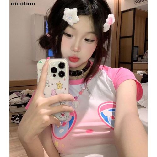 】Threaded polyester】Dopamine girls wear short-sleeved ins style contrasting color design short T-shirt women's tops trendy