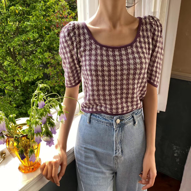 2024 new style round neck houndstooth fresh and comfortable Korean style puff sleeve knitted short-sleeved T-shirt woolen
