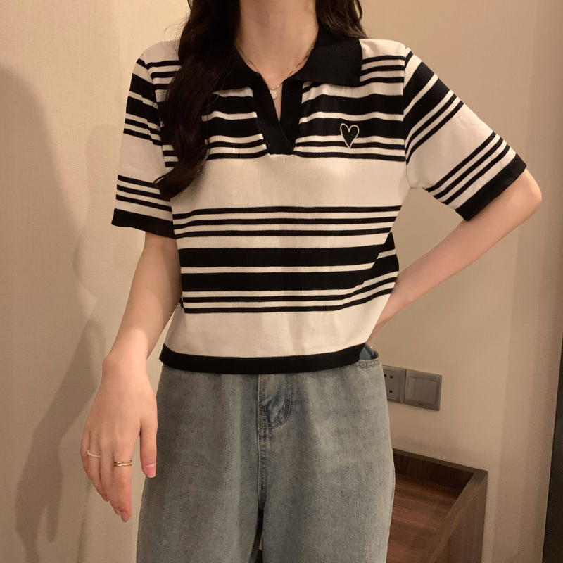 Love striped short-sleeved right shoulder POLO collar T-shirt for women slimming unique design niche sweet chic top summer