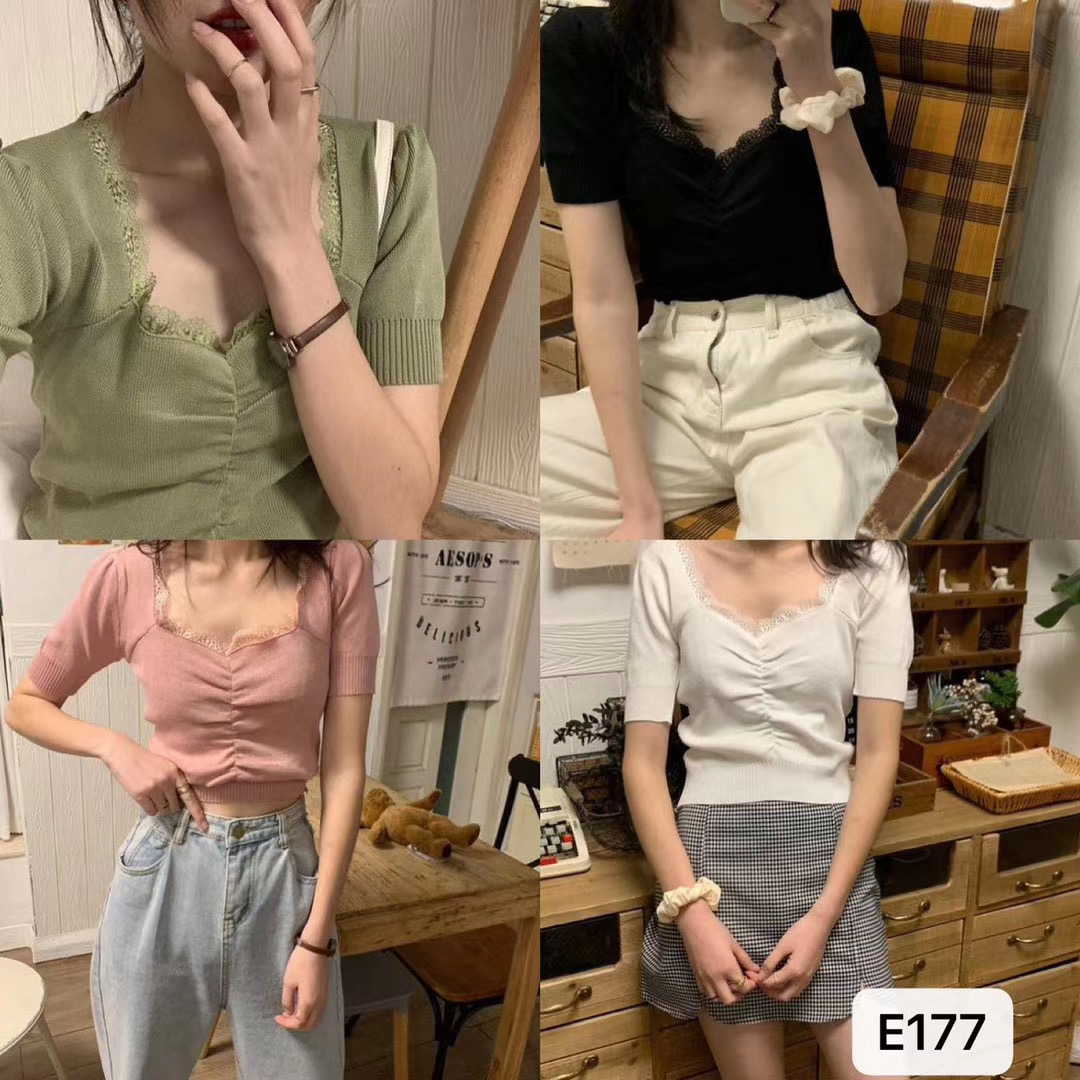 2024 new summer style gentle style square collar lace short-sleeved sweater slim short bottoming shirt tops for women
