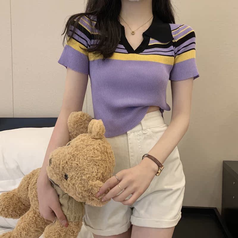 Polo collar color block T-shirt 2024 short-sleeved women's summer Korean style design niche knitted top