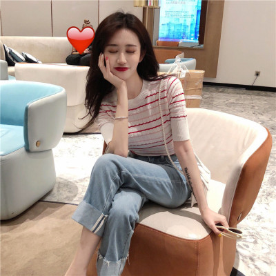 Short-sleeved striped t-shirt for women 2024 summer new Korean style ice silk knitted bottoming shirt student T-shirt top