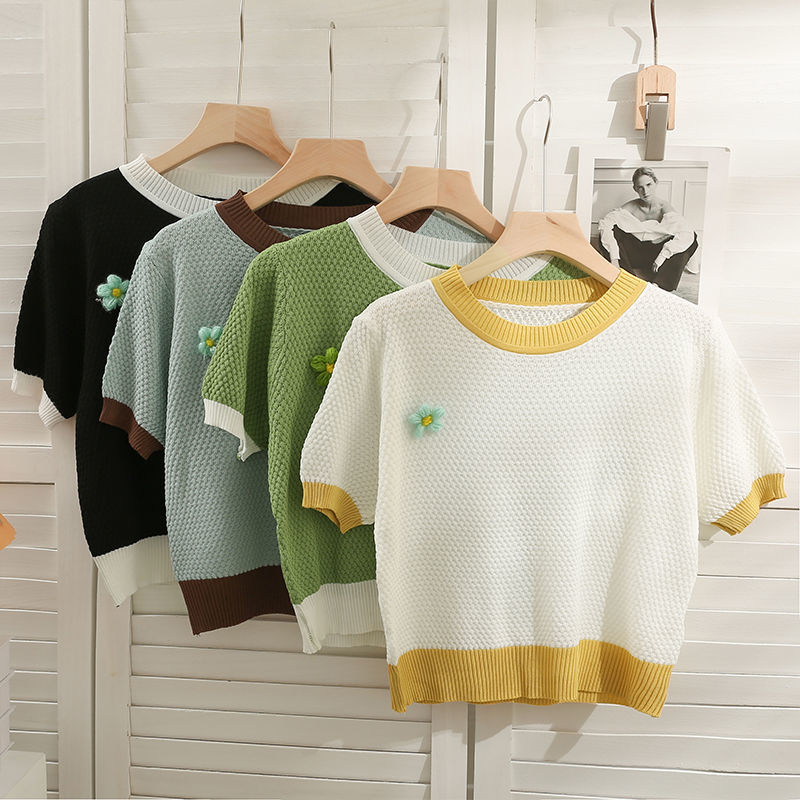 Korean style contrasting color stitching three-dimensional flower round neck T-shirt for women 2024 summer fashion versatile short-sleeved knitted top