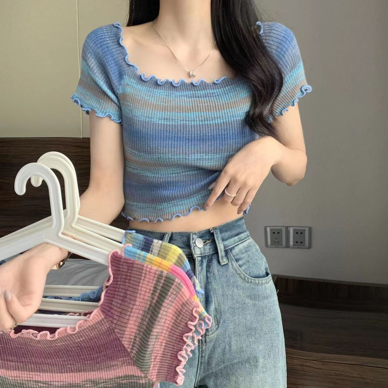 Hot girl striped fungus short-sleeved T-shirt for women ins trendy summer 2024 new design niche short top