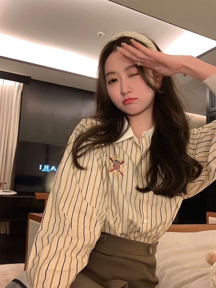 Autumn badge embroidery college style splicing Korean vertical striped shirt women's design niche long-sleeved shirt