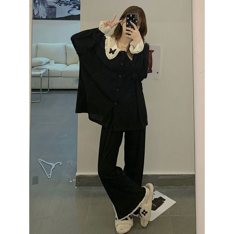 Korean style ins style pajamas for women spring, autumn and winter new black bow long-sleeved trousers sweet home wear set