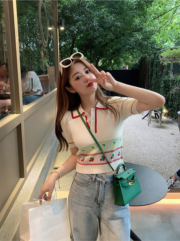 2024 new summer style Japanese sweet Polo collar short sweater for women, versatile casual thin pullover top