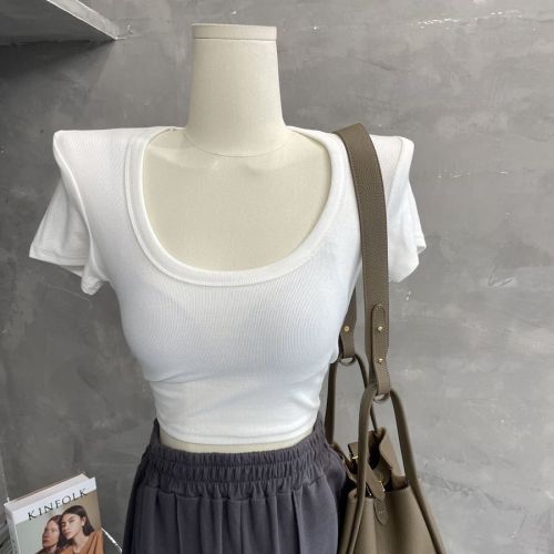 】【No replacement】Threaded polyester】Large U-neck short-sleeved T-shirt for women, new summer style slim-fitting top