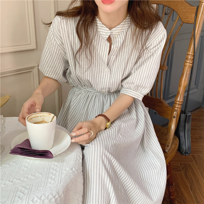 Korean chic summer simple round neck small breasted contrast striped lace-up waist three-quarter puff sleeve dress for women