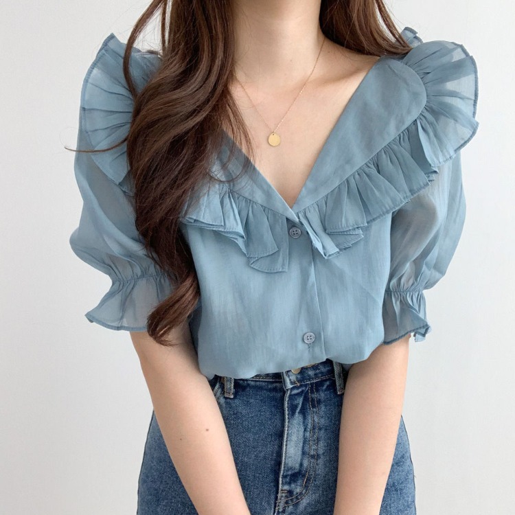 Summer chic design niche ruffled age-reducing sweet puff-sleeved chiffon shirt for women with a stylish and breathable top