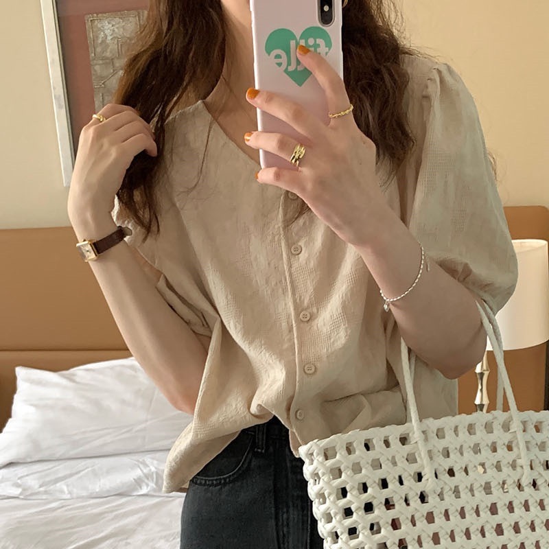 棉麻上衣女薄款年夏季新款設計感小眾法式甜美泡泡袖V領襯衫