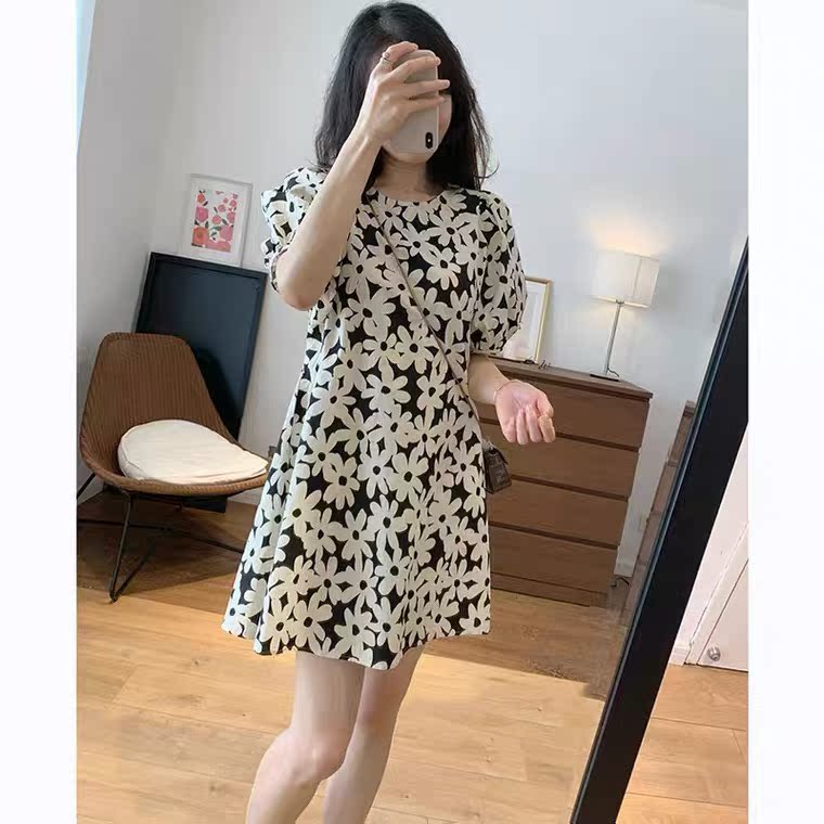 復古減齡印花連衣裙女夏季新款法式甜美泡泡袖寬鬆顯瘦A字裙