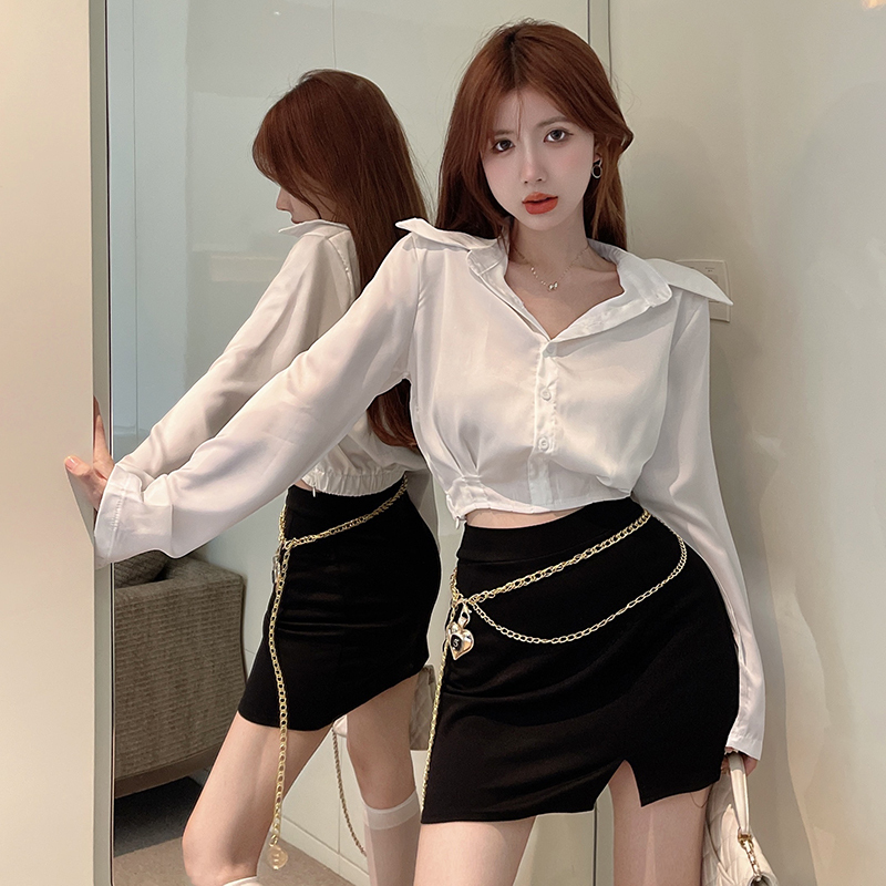 Real shot!  Short casual satin long-sleeved shirt + sexy hot girl high waist slit hip skirt 2419
