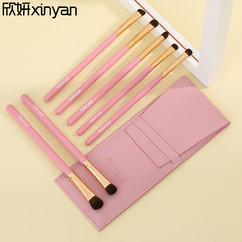 7 pony hair eye makeup brushes with wooden handle, animal hair makeup tools with brush bag, eye shadow brush and eyebrow brush