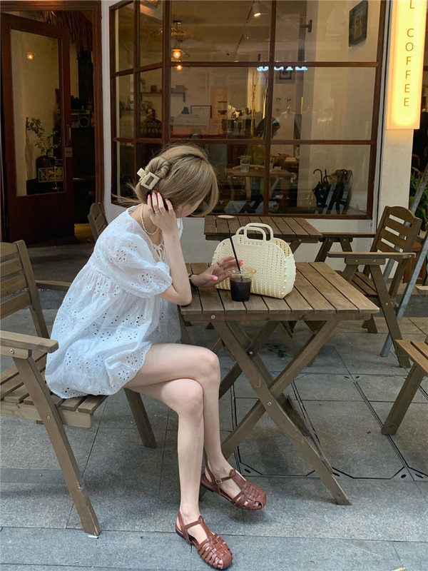 French white design hollow lace top women's summer versatile loose short-sleeved shirt puff sleeve shirt