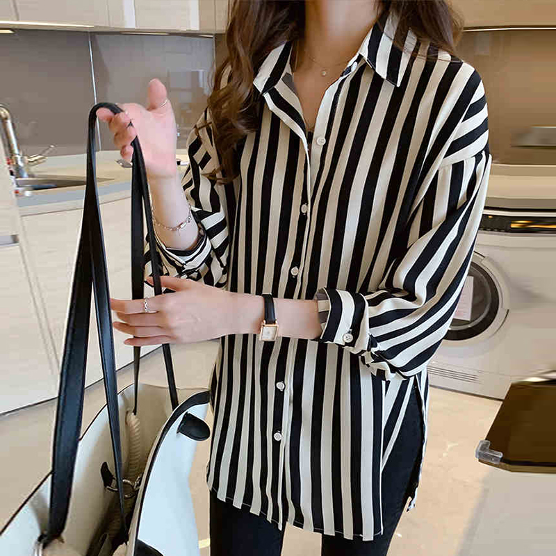 Black and white striped shirt for women 2024 spring and autumn new retro Hong Kong style top light and mature design niche chiffon shirt