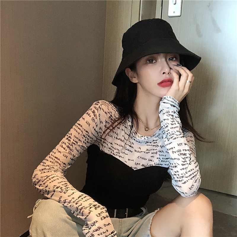 實拍~ 假兩件網紗拼接彈力修身顯瘦防曬T恤上衣長袖打底衫女