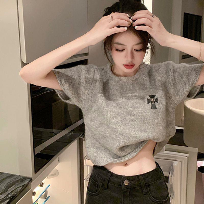 灰色T恤女ins潮港風夏季短款別致針織衫寬鬆印花潮牌小眾短袖上衣