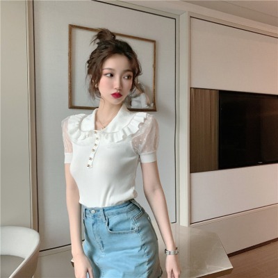 Designed French retro doll collar knitted mesh splicing puff sleeve short-sleeved T-shirt clavicle heart-shaped top for women
