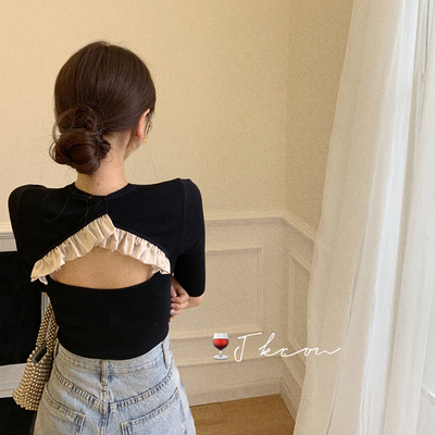 2024 French short backless top black shirt women's discreet design niche shirt summer thin