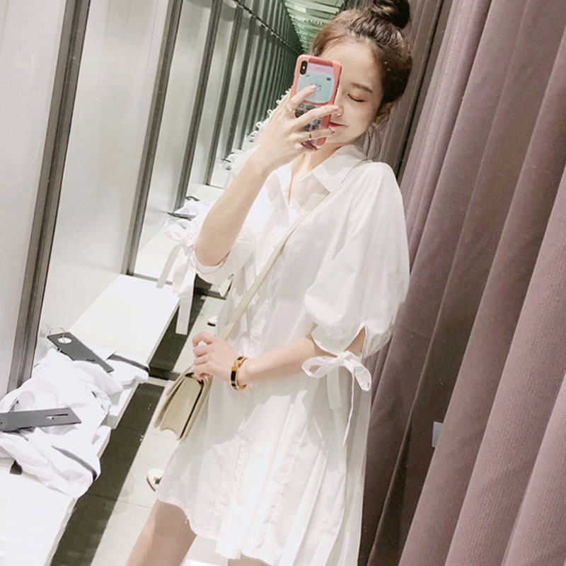 Spring and summer clothing, retro casual loose mid-length white shirt, women's fairy-style shirt dress baby blouse