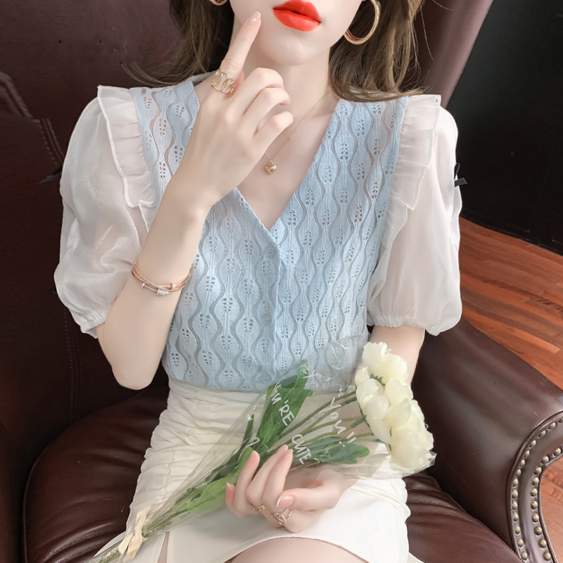 Lace V-neck short-sleeved chiffon shirt women's summer wear 2024 new top summer thin design niche