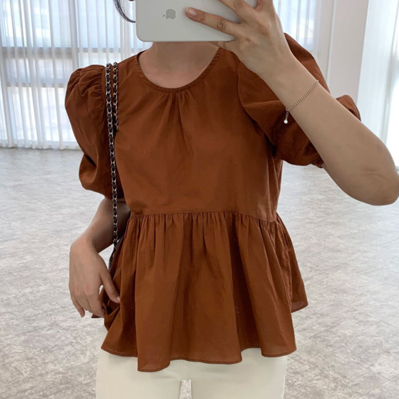Korean chic summer niche simple round neck solid color pleated design loose puff sleeve doll shirt top for women
