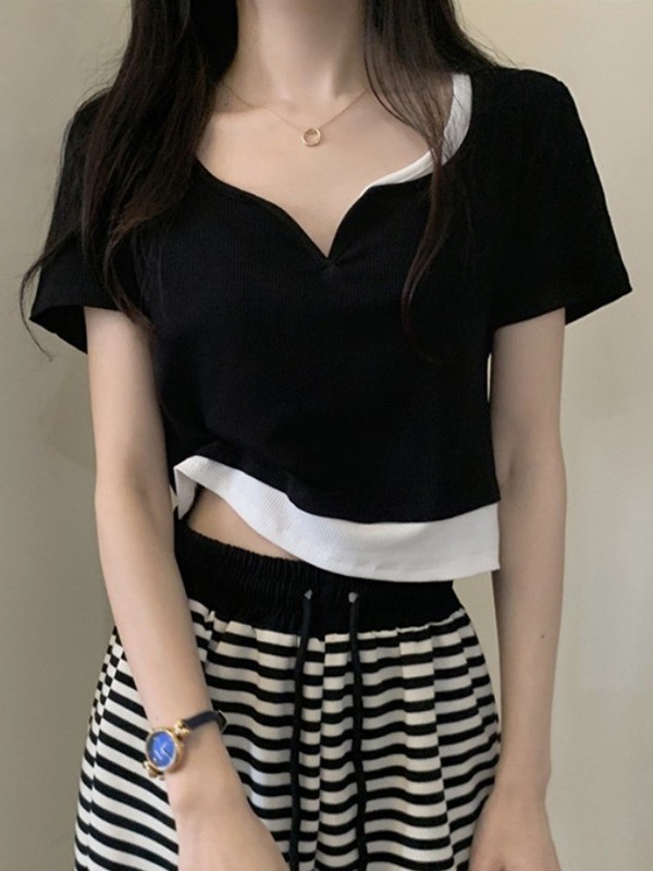 Black right shoulder short sleeve knitted women's fake two-piece summer design niche chic pure cotton short v-neck top