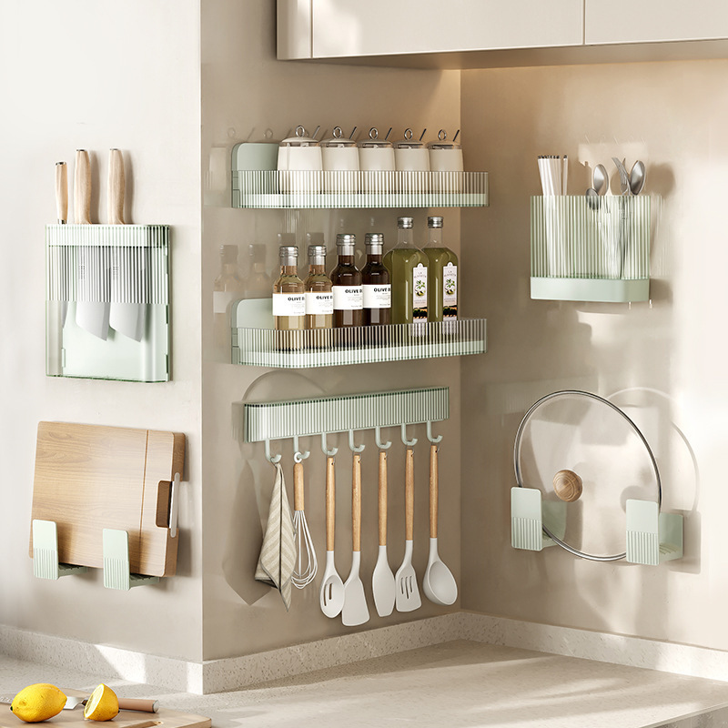 Kitchen rack without punching, wall-mounted knife holder, seasoning supplies collection, hook, chopstick cage, pot lid rack set