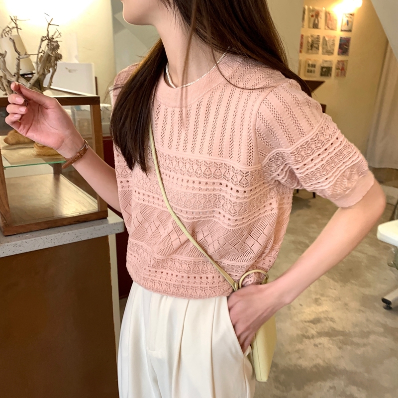 Summer 2024 new Korean style hollow crochet design wool temperament sweater women's short-sleeved tops