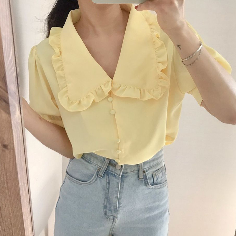 Korean chic summer gentle yellow white baby collar fungus single-breasted loose short-sleeved chiffon shirt for women