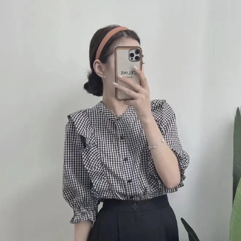 French short-sleeved plaid shirt for women with niche design 2024 new Korean style loose and slim puff-sleeved top