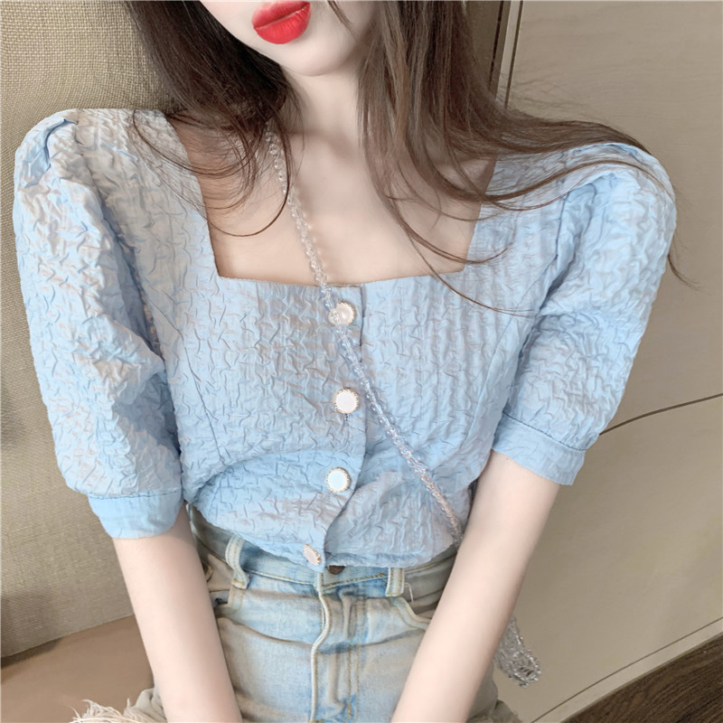 Puff sleeve shirt women's design niche 2024 summer new small shirt French retro square collar clavicle top