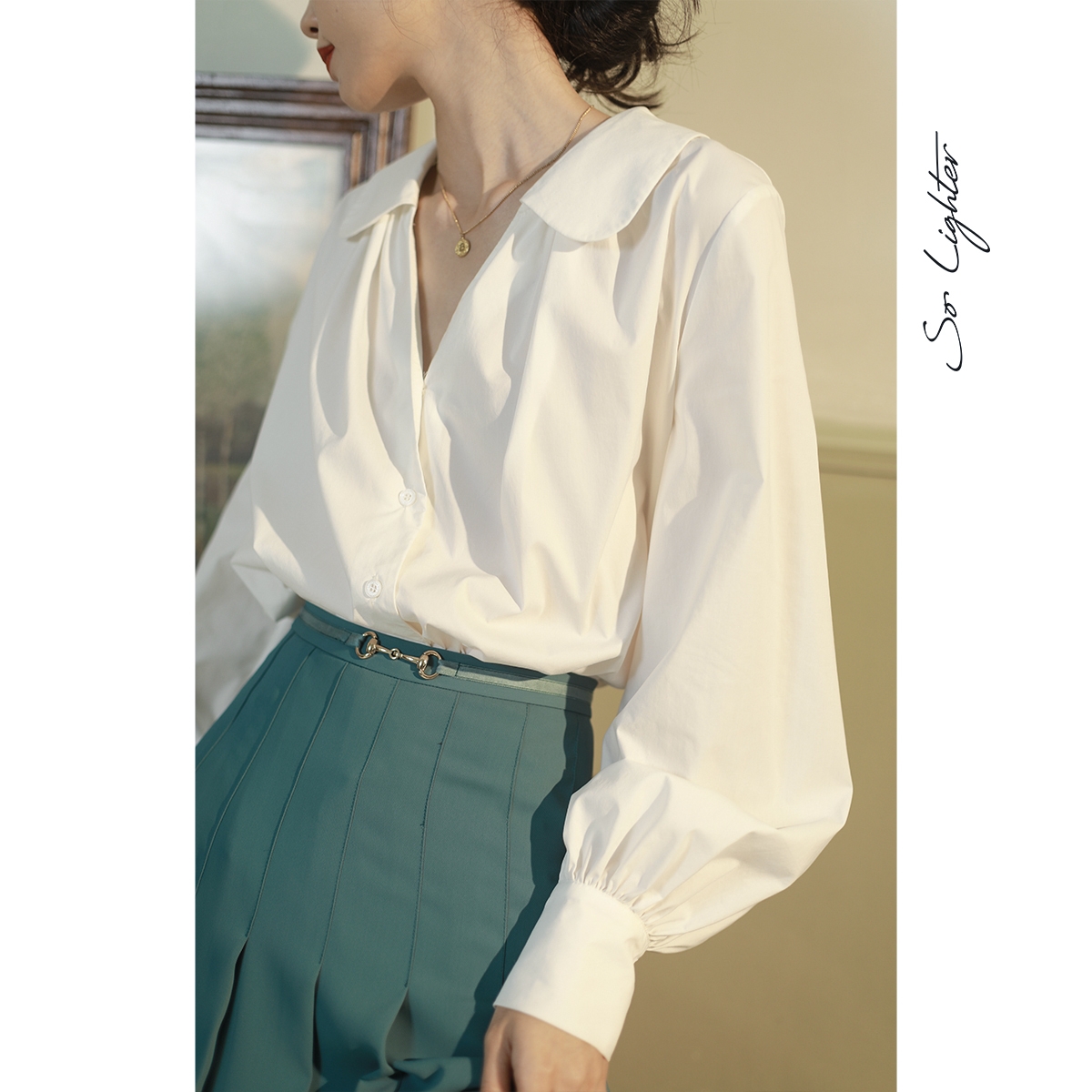 solighter lantern sleeve doll collar shirt women's French design niche retro temperament exposed collarbone top