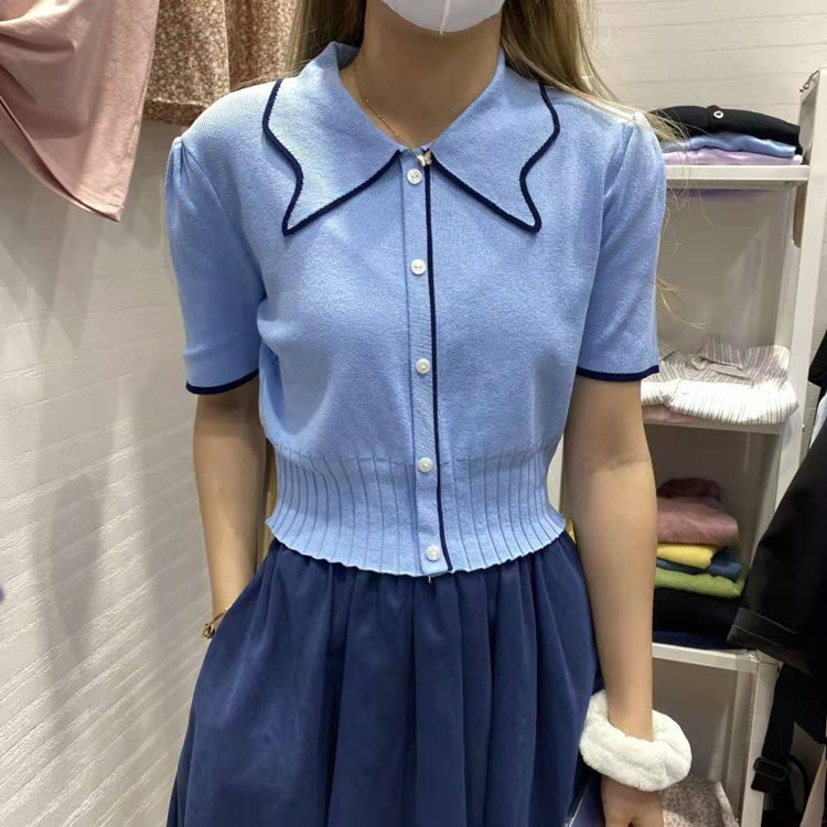 韓國東大門夏季薄款冰絲針織polo衫女裝短袖t恤小香風泫雅風上衣