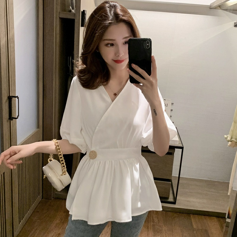 Scheming short-sleeved top chiffon white shirt for women Xia Chaoxian design niche V-neck belted chic style shirt