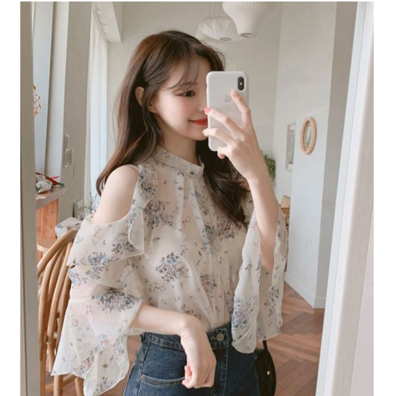 French floral chiffon shirt for women, fashionable, loose, niche design, off-the-shoulder shirt, spring and summer thin top, trendy