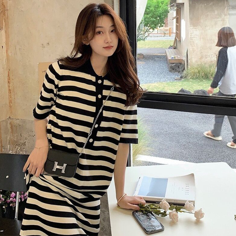 Black and white striped knitted casual polo dress for women summer thin loose loose belly-covering slim long t-shirt skirt