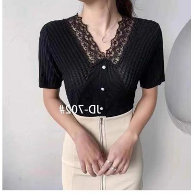 2024 new ice silk short-sleeved women's knitted bottoming shirt with v-neck lace splicing western style top
