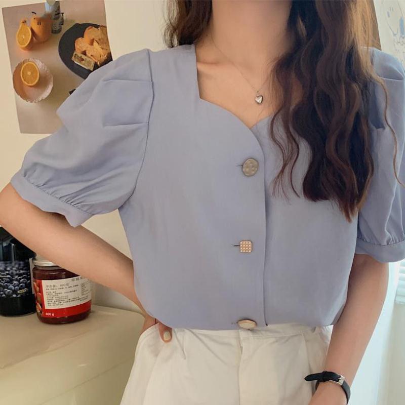 Korean style puff sleeve French retro short top design niche square collar short sleeve chiffon shirt for women in summer